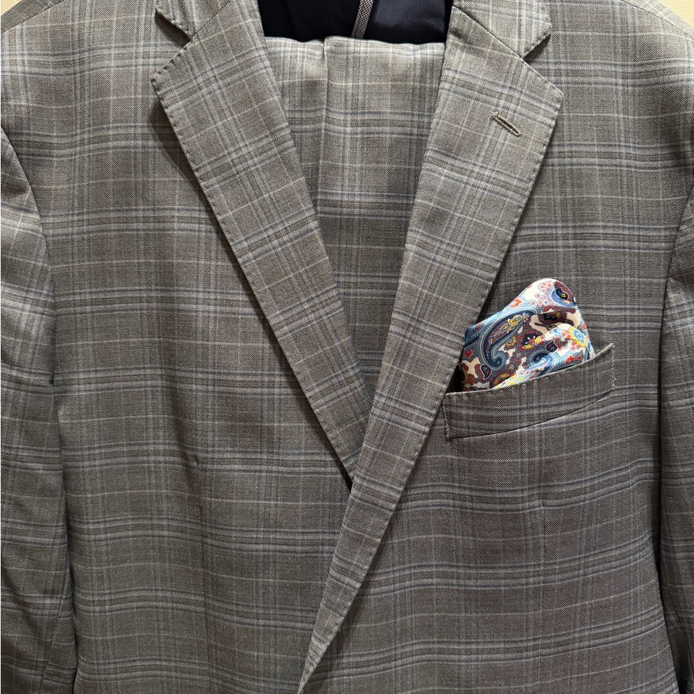 Cole Haan Gray Plaid Blazer with Paisley Pocket Square